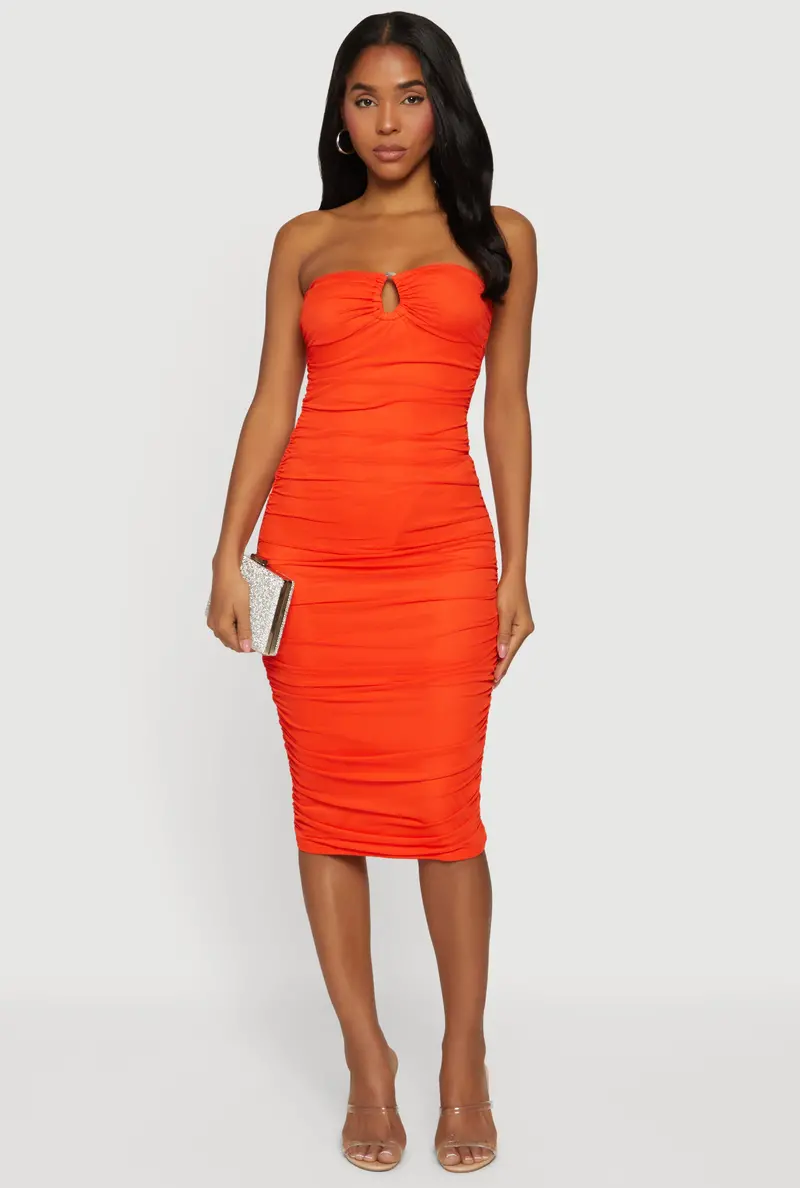 O-Ring Accented Side-Ruched Midi Tube Dress 1