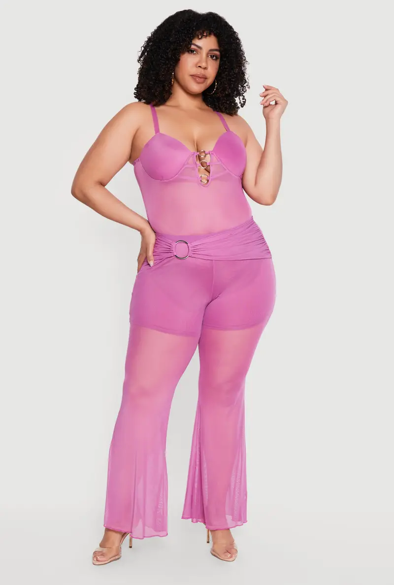O-Ring Adjustable Belted Flare Pants With Breathable Mesh Detail 1