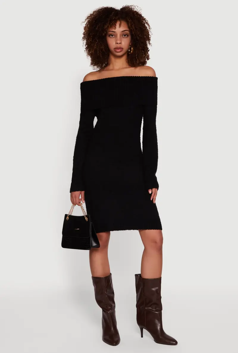 Off-The-Shoulder Eyelash-Knit Foldover Sweater Dress 1
