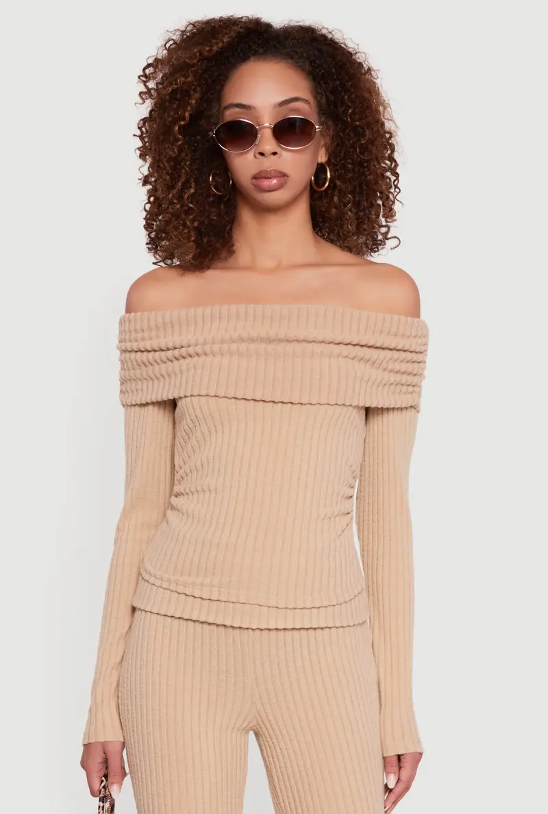 Off-The-Shoulder Long-Sleeve Top In Brushed Knit 1