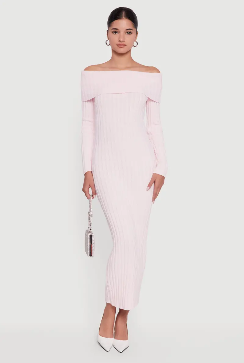 Off-The-Shoulder Rib Knit Maxi Dress – Fold-Over Neckline 1