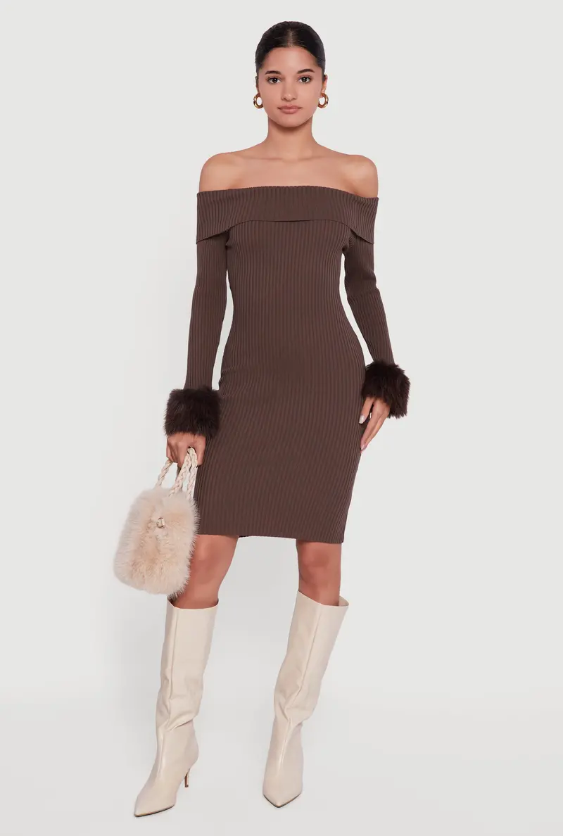 Off-The-Shoulder Sweater Dress With Faux Fur Cuffs And Fold-Over Design 1