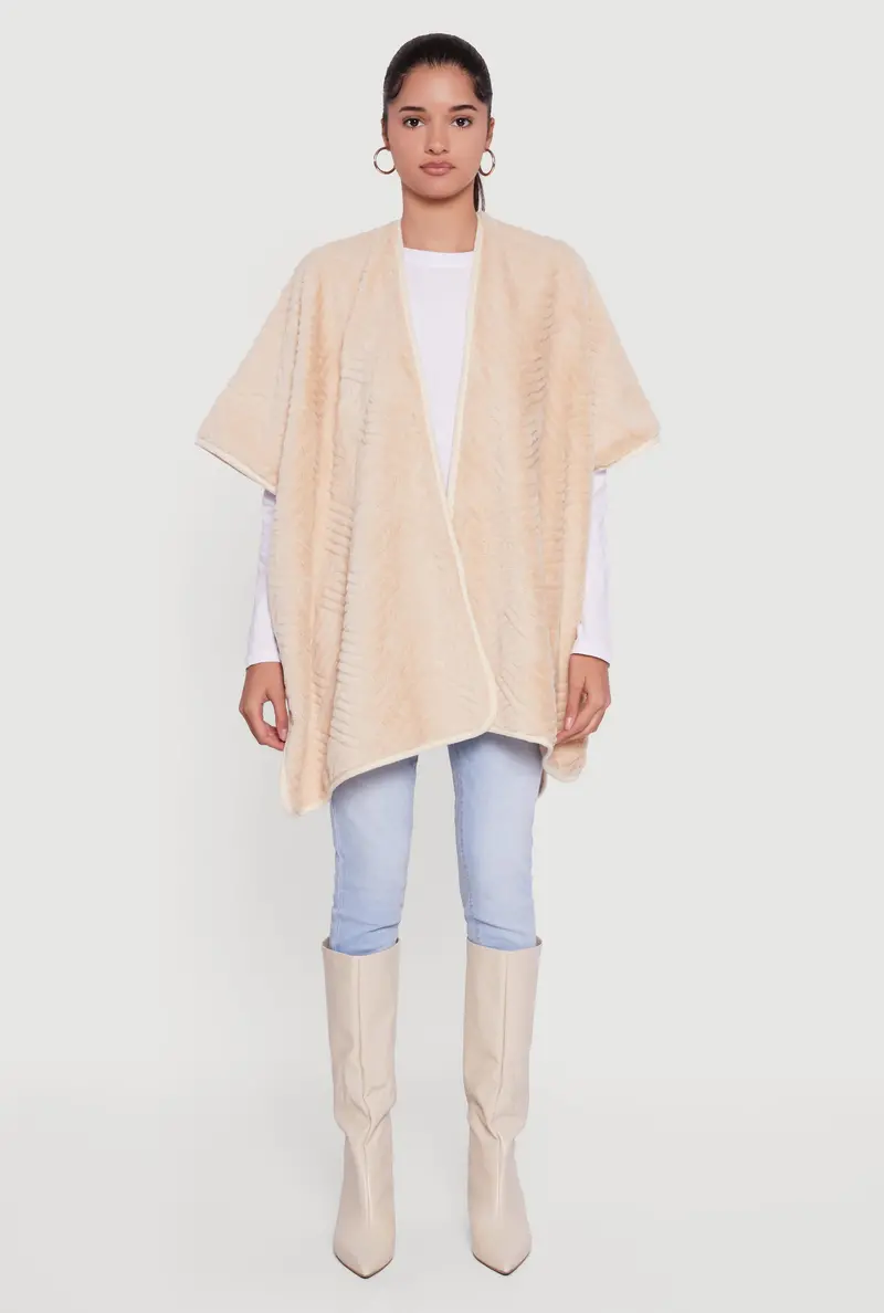 Open-Front Faux Fur Poncho In Lightweight Drape 1