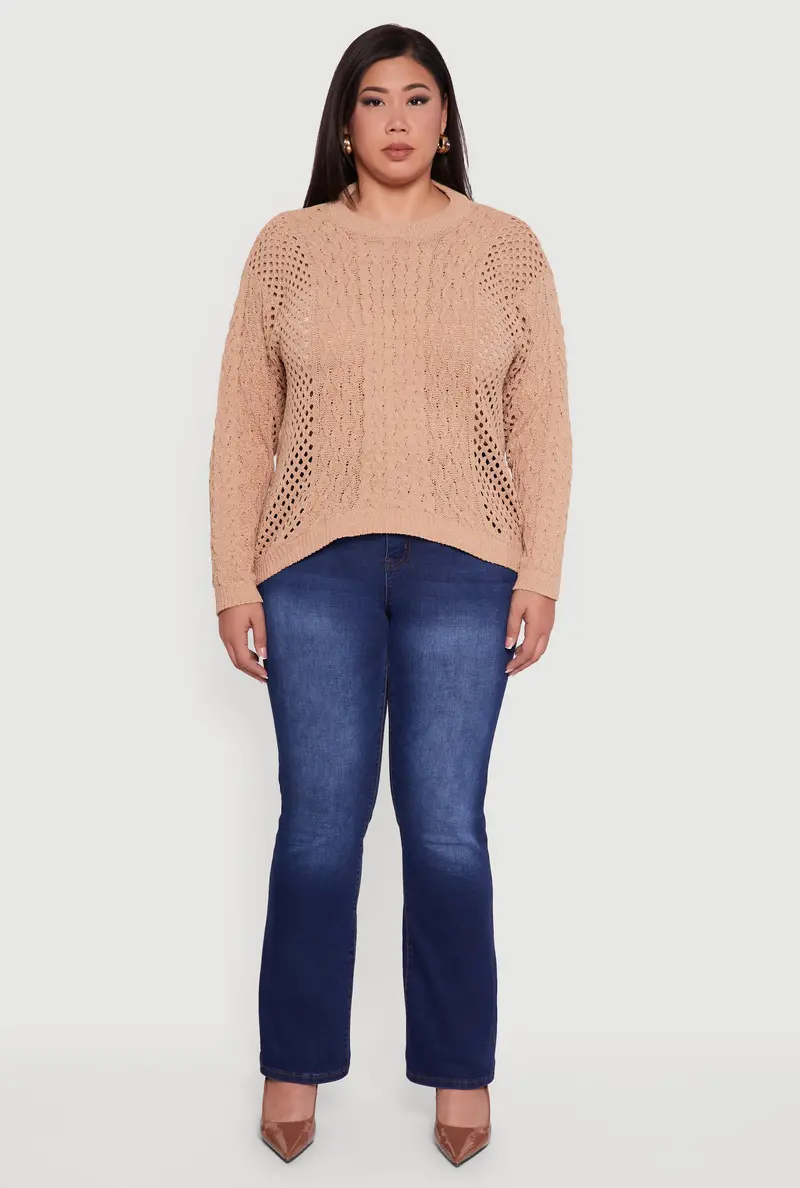 Oversized Pointelle Cable Knit Pullover Sweater For Curvy Figures 1