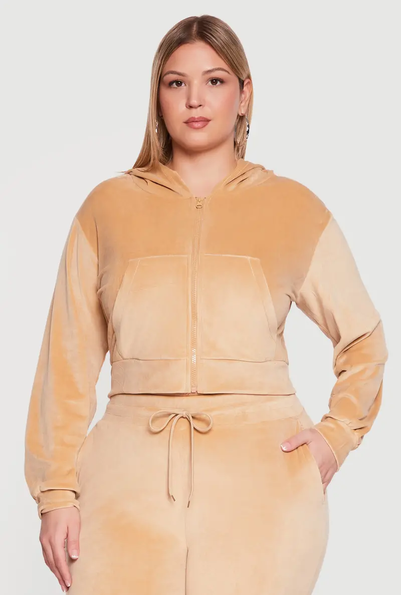 Oversized Velour Cropped Hoodie With Front Zip – Plus Size 1