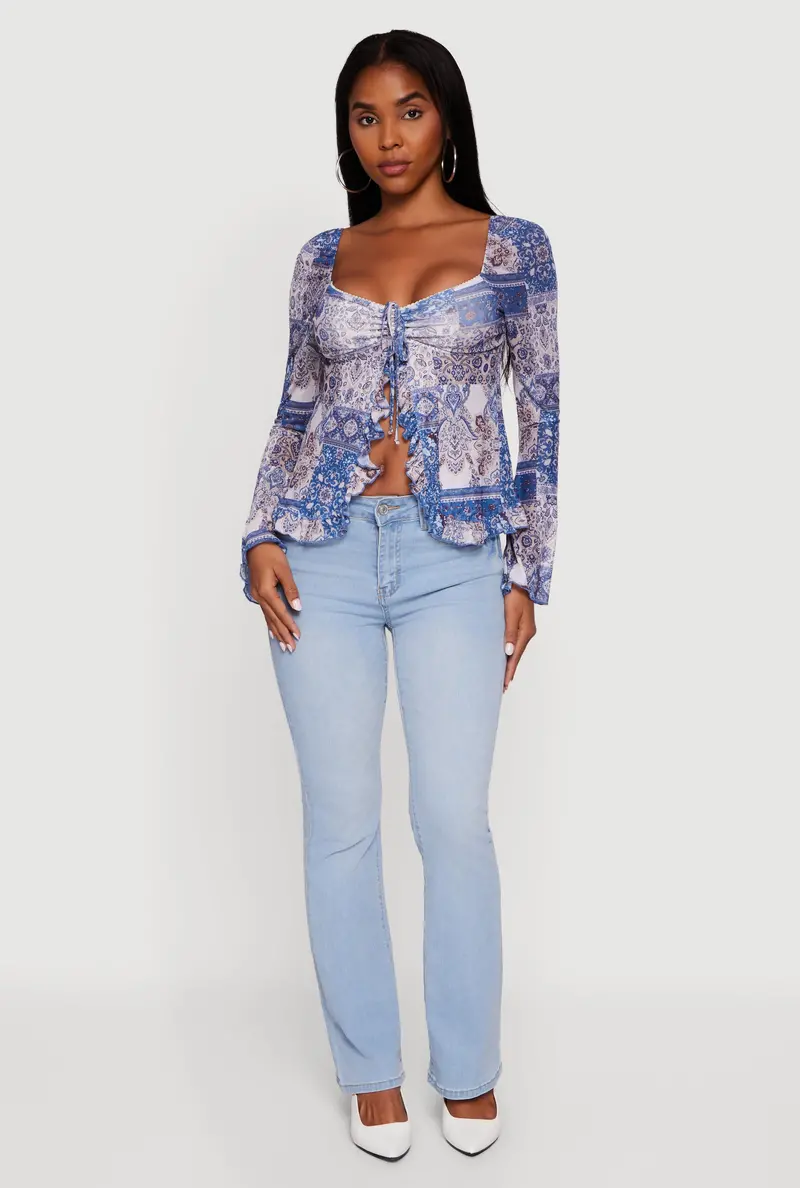Paisley-Print Mesh Blouse With Bell Sleeves 1