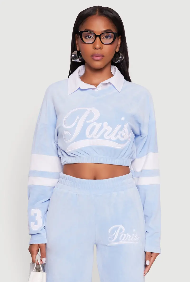 Paris-Embellished Velour Cropped Sweatshirt 1