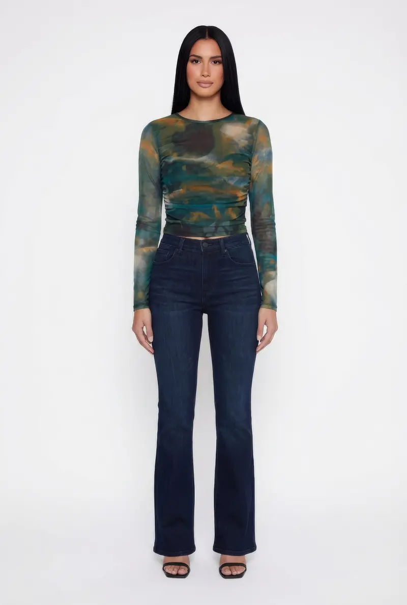 Patterned Crop Top With Ruched Mesh Overlay 1
