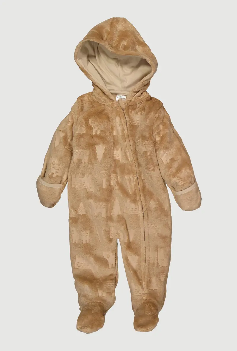 Patterned Hooded Plush Footed Jumpsuit For Babies – Boys’ Size 0–9 Months 1