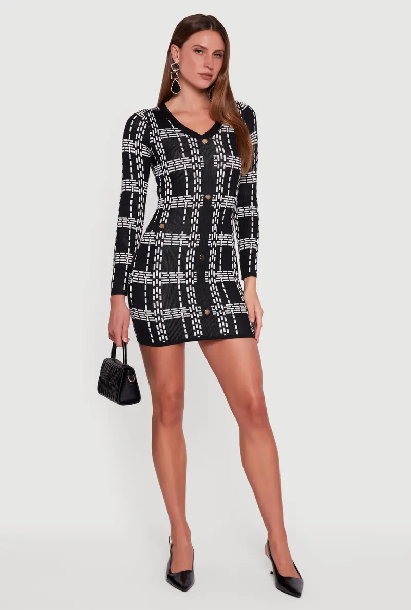 Patterned Long-Sleeve V-Neck Mini Sweater Dress 1