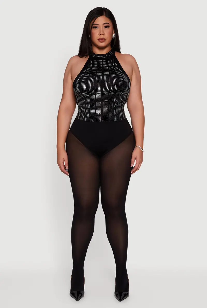 Patterned Rhinestone Bodysuit – Sleeveless Plus Size Style 1