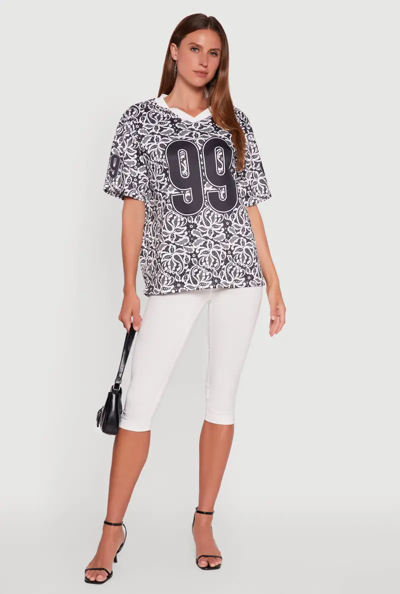 Patterned V-Neck Jersey Top With '99' Graphic 1