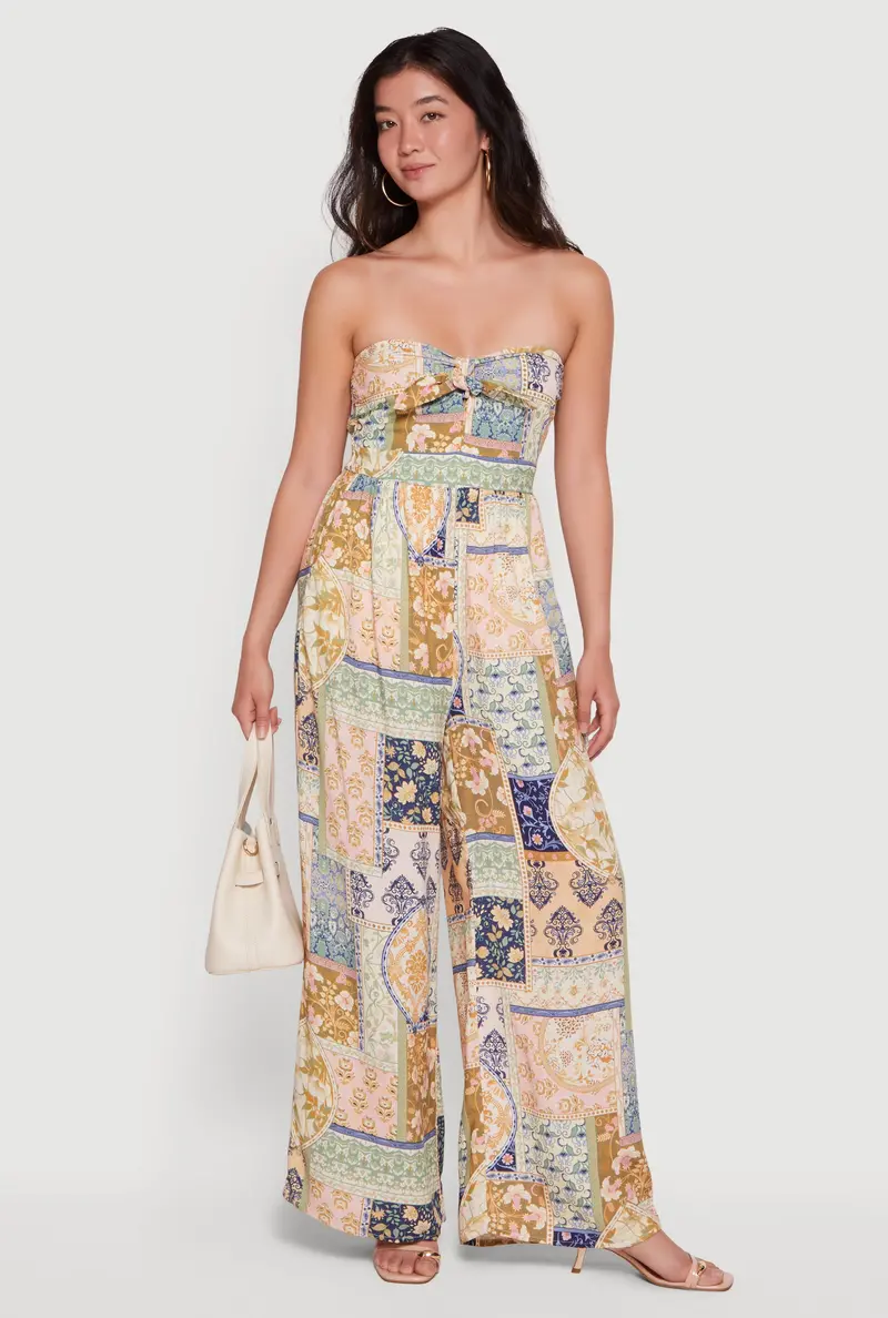 Patterned Wide-Leg Jumpsuit With Adjustable Tie Front 1