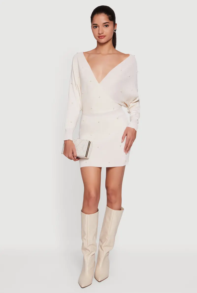 Pearl-Studded Faux-Wrap Style Sweater Dress 1