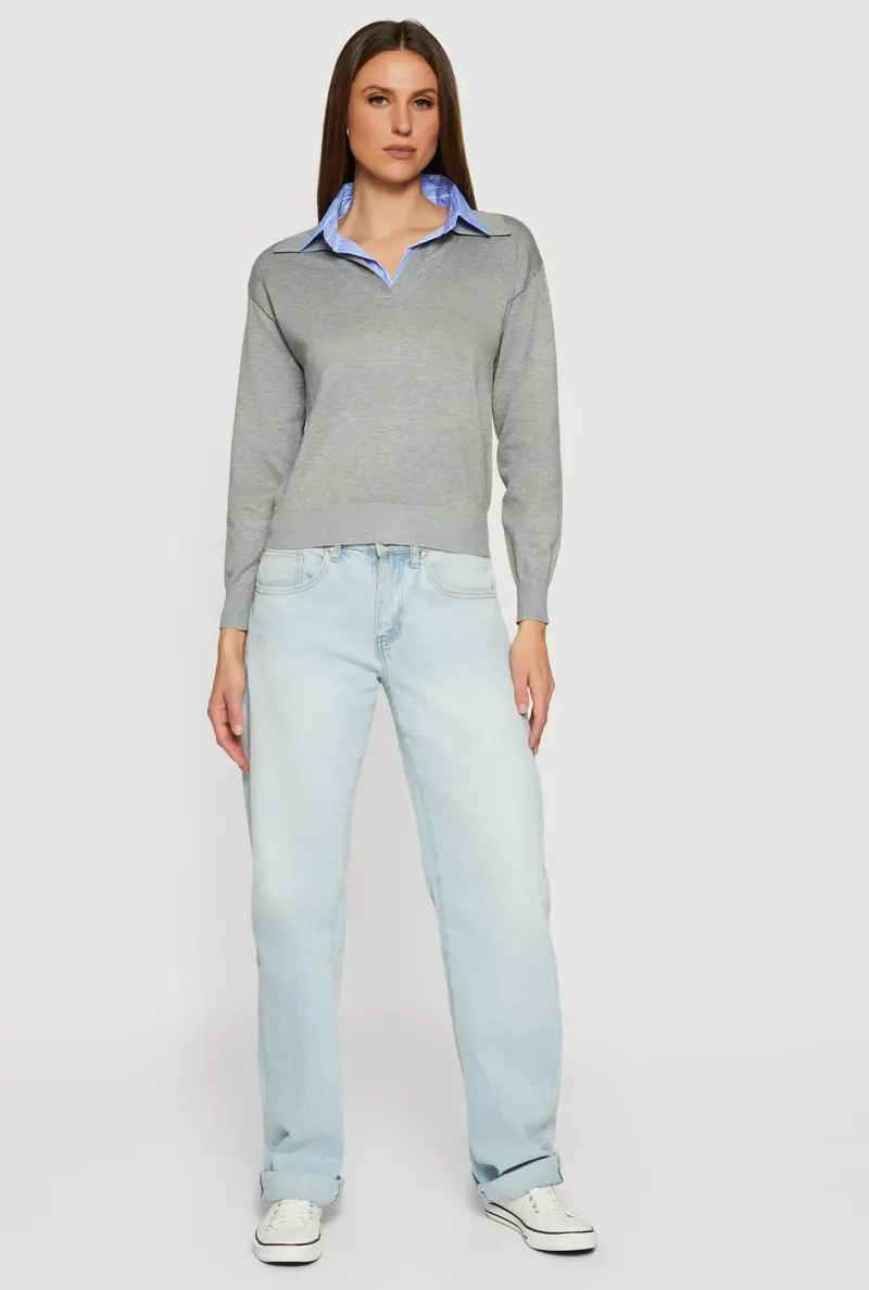 Pinstripe-Collar Polo Shirt With Layered Visual Effect 1