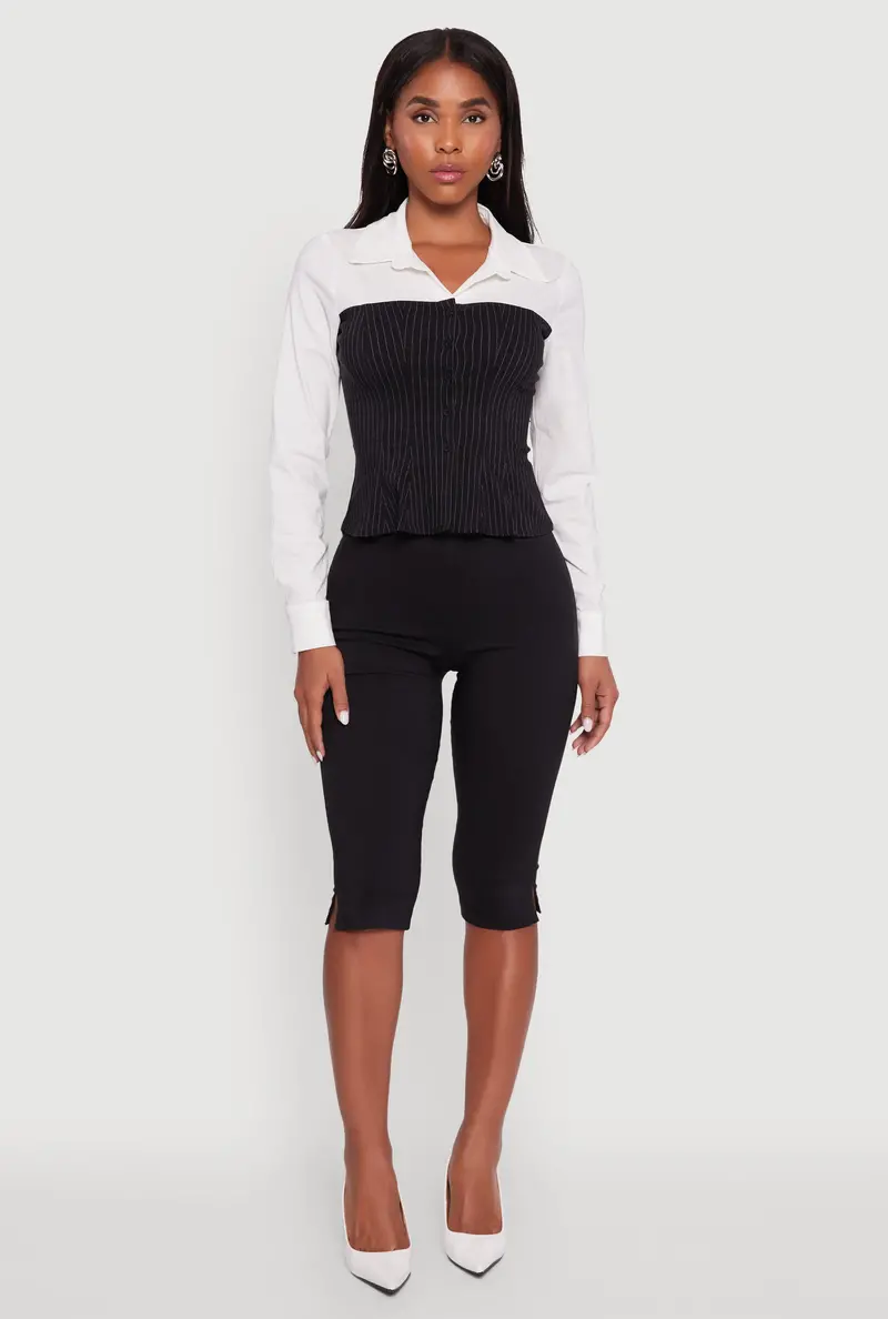 Pinstripe Color-Blocked Peplum Shirt With Button Front 1