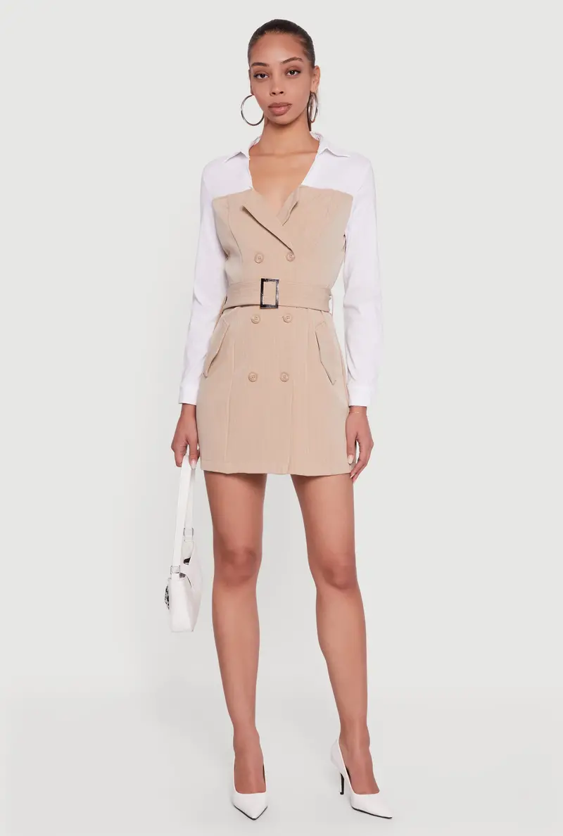 Pinstripe Mini Dress Styled As A Tailored Blazer With Shirt Collar And Belt 1