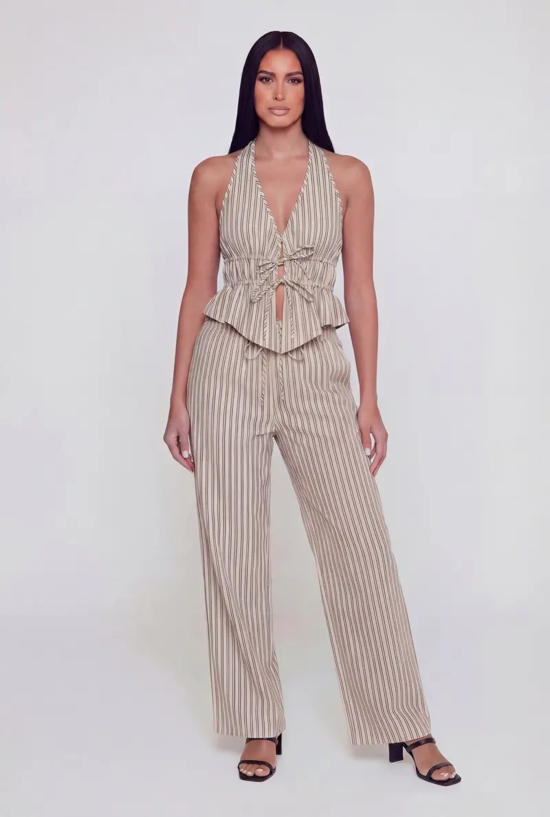 Pinstripe Pull-On Pants With Drawstring Waist 1