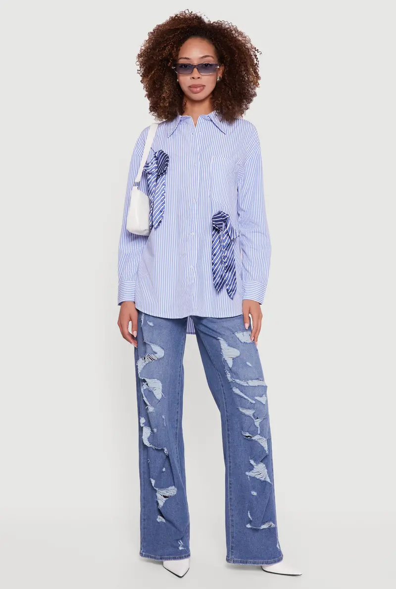 Pinstripe Satin Shirt Featuring Decorative Bow Accent 1