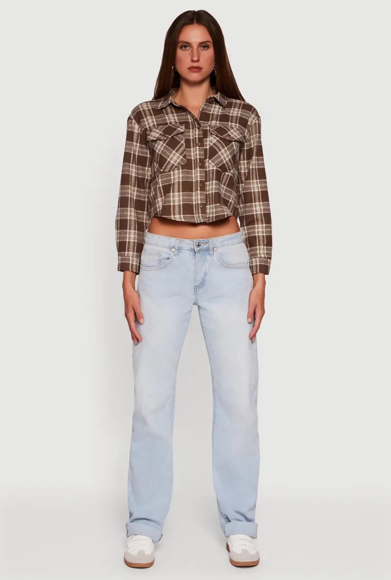 Plaid Cropped Shirt With Flap Pockets And Button Closure 1