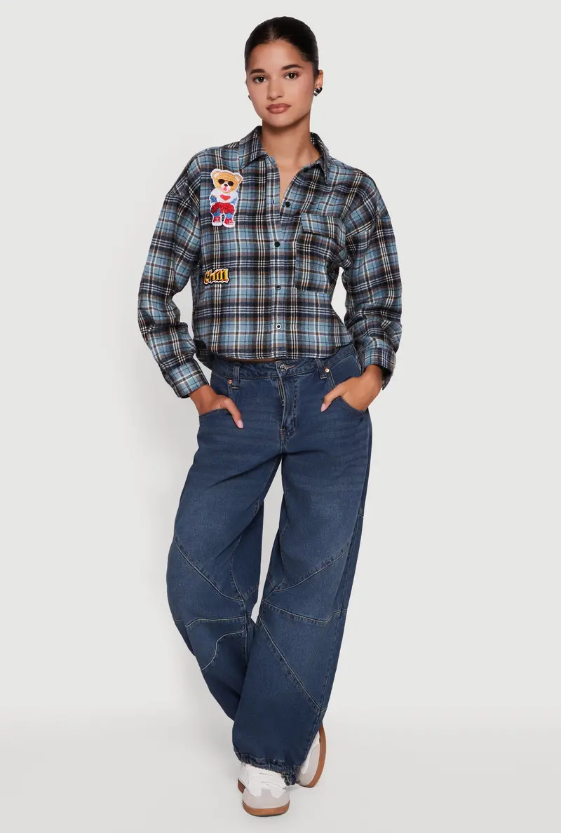 Plaid Flannel Shirt With Patchwork Detail And Cropped Fit 1