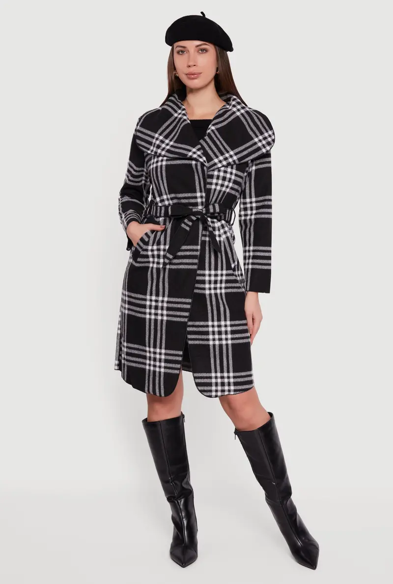 Plaid Fleece Wrap Coat With Adjustable Tie Waist 1