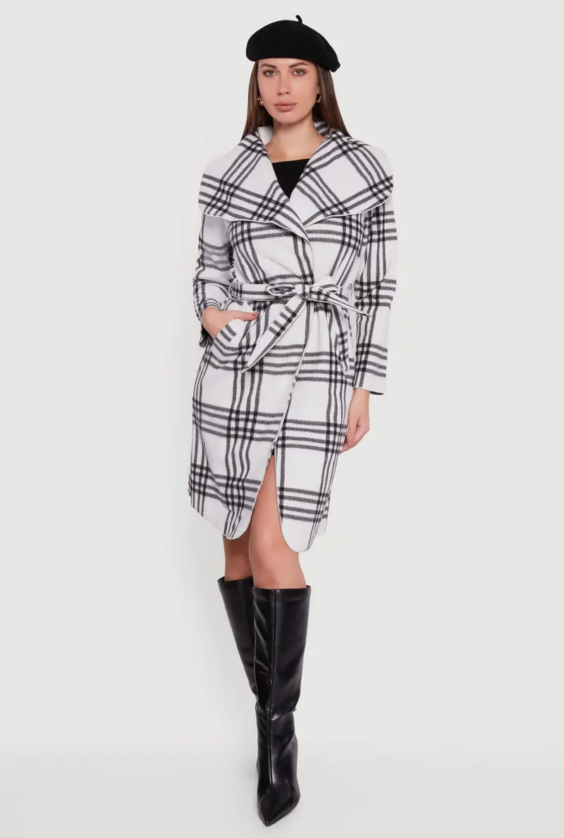 Plaid Fleece Wrap Coat With Adjustable Tie Waist 1