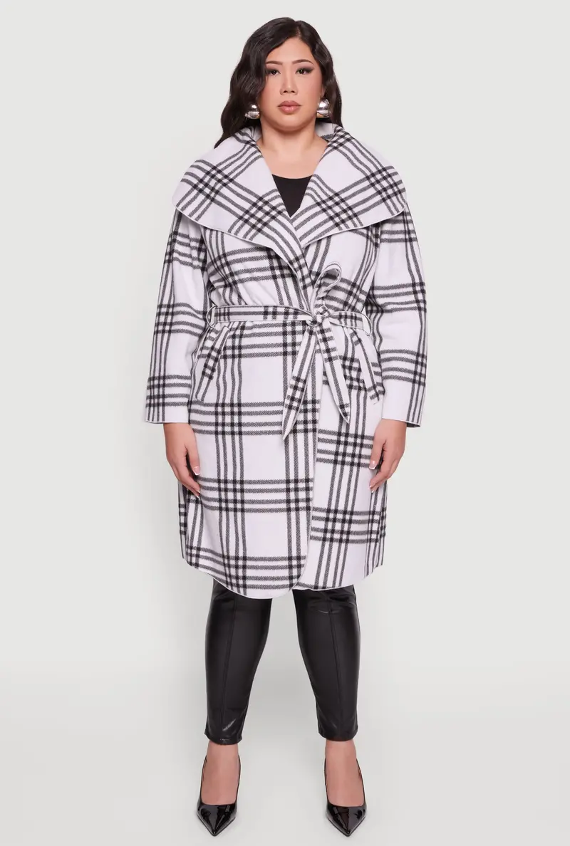Plaid Fleece Wrap Coat With Adjustable Tie Waist – Plus Size 1