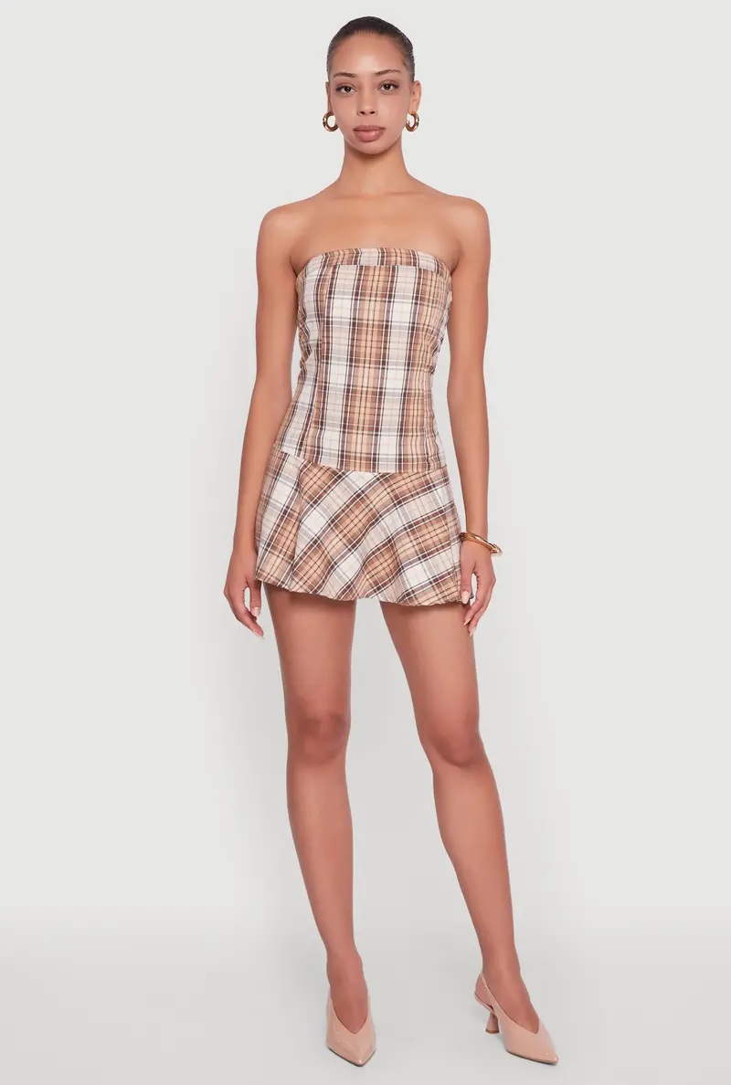 Plaid Skater Dress With Strapless Silhouette 1