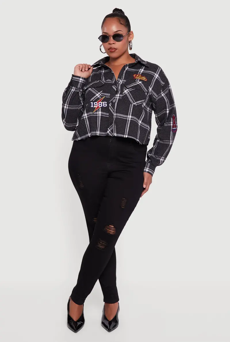 Plus Size 1986-Inspired Plaid Cropped Button-Up Shirt 1