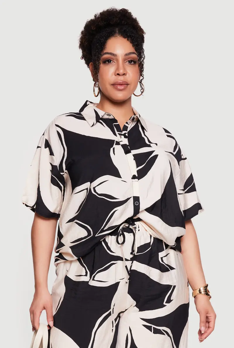 Plus-Size Abstract Floral Print Button-Up Shirt 1