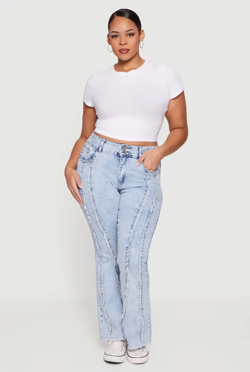 Plus Size Acid-Wash Flare Jeans With Frayed Hem 1