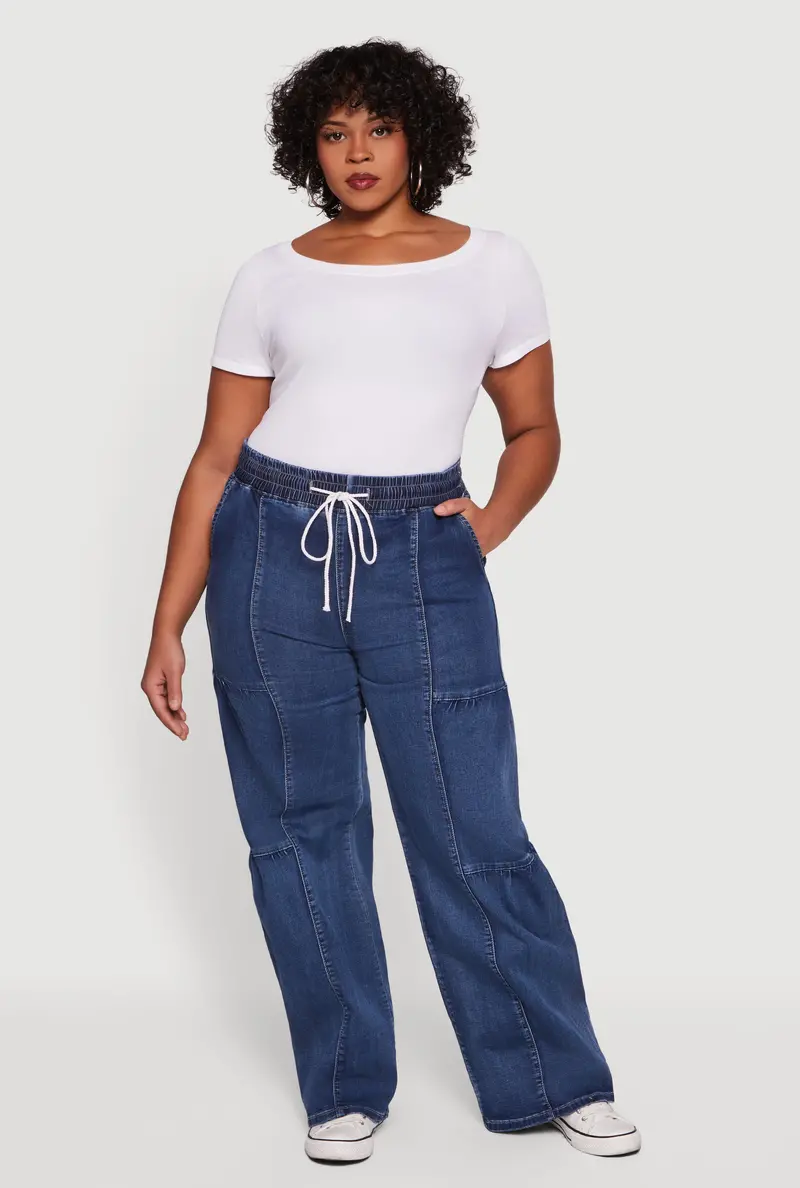 Plus Size Acid Wash High-Waisted Jeans With Drawstring Waist 1