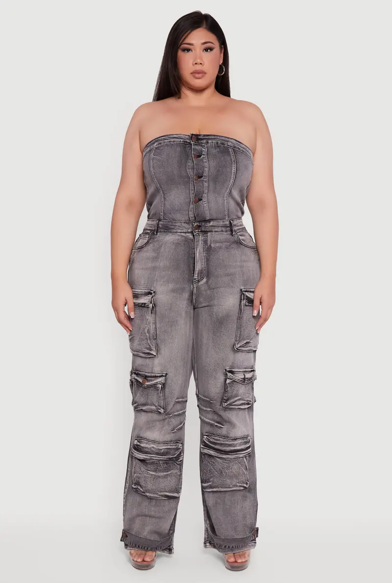 Plus Size Acid Wash Jumpsuit With Cargo Pockets And Button Front 1