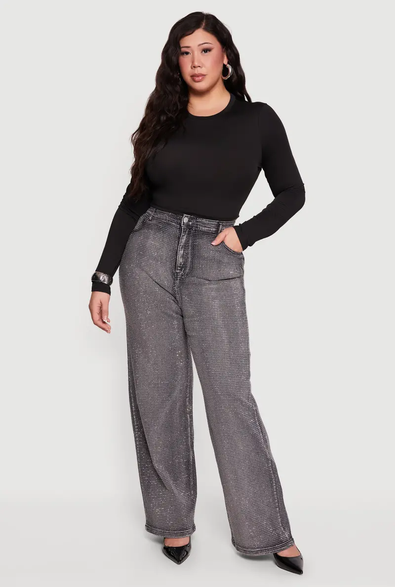 Plus Size Acid Wash Straight Leg Jeans With Rhinestone Accents 1