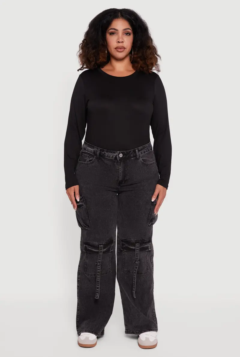 Plus Size Acid Wash Strap-Details Utility Jeans 1