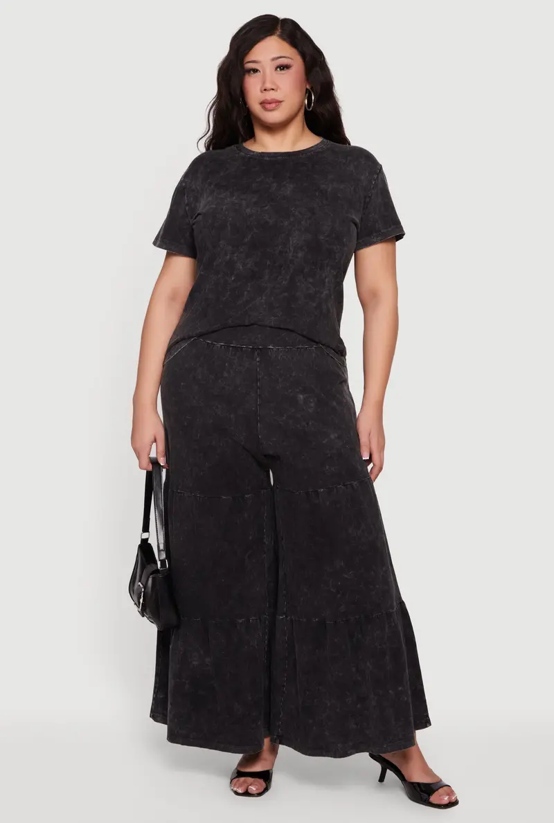 Plus Size Acid Wash Tiered Palazzo Pants – Effortless Flow 1