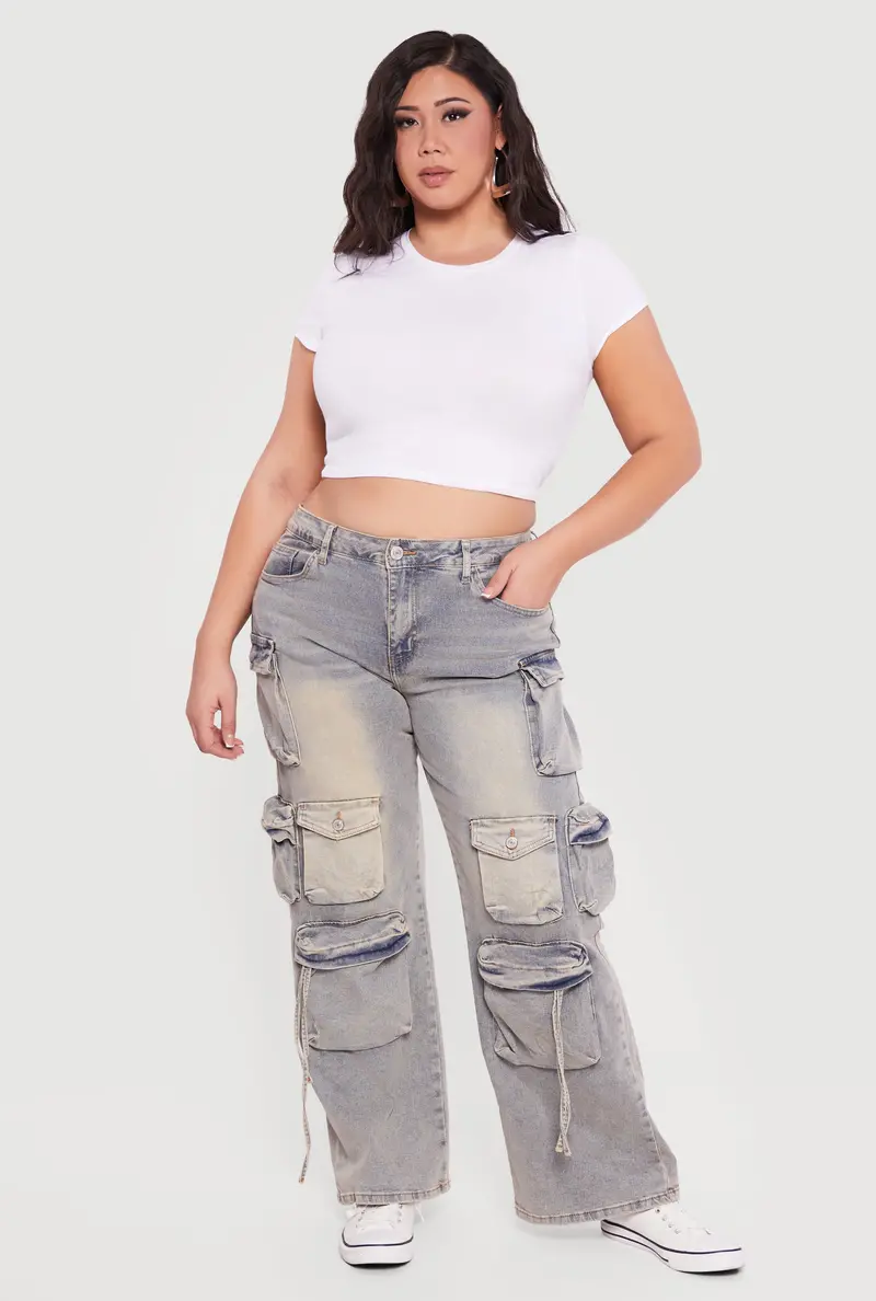 Plus Size Acid Wash Utility Jeans With High Waist 1