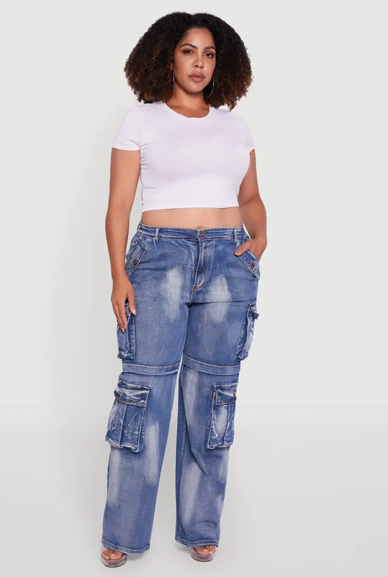 Plus Size Acid Wash Wide-Leg Utility Jeans 1