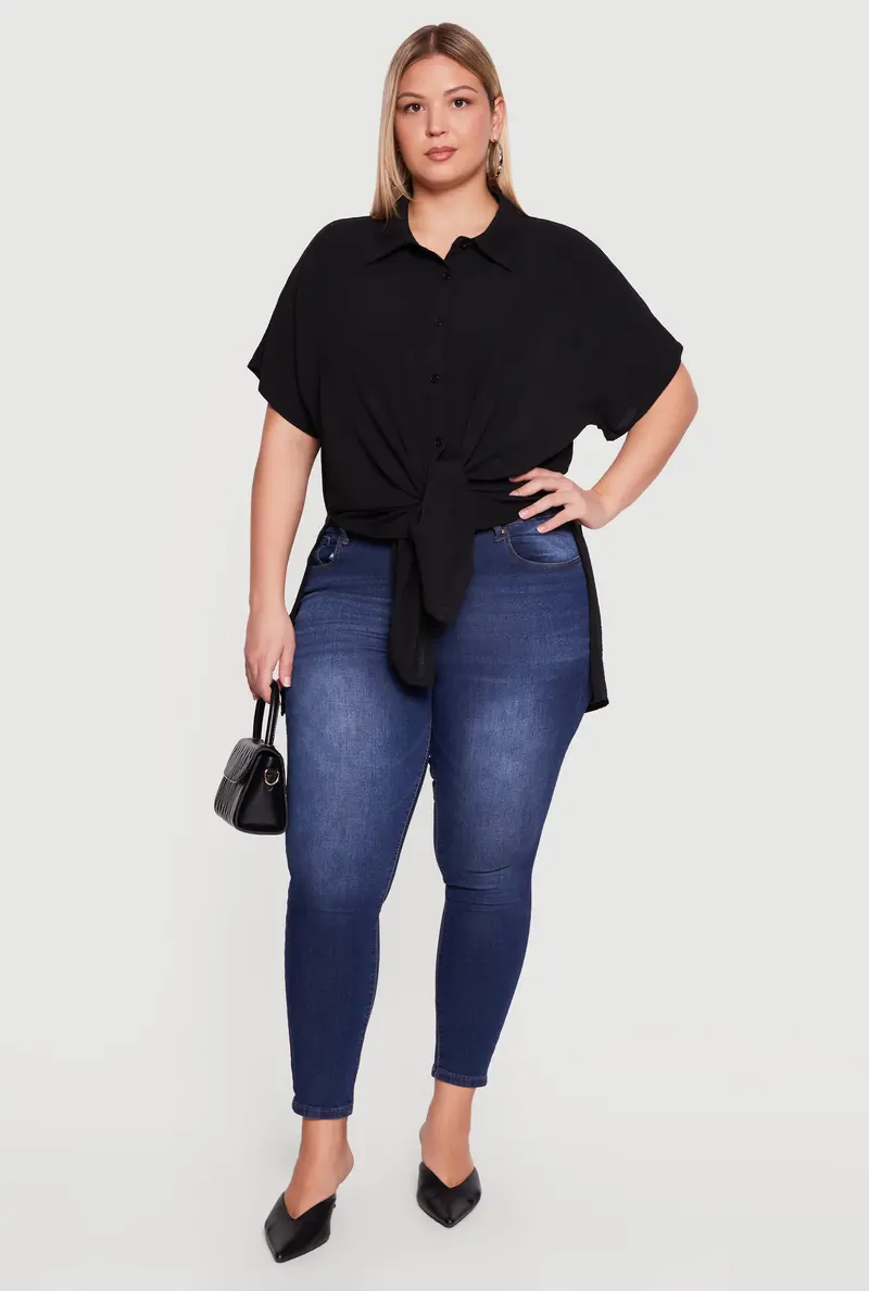 Plus Size Airy Crepe Knit Shirt With Feminine Tie-Front Closure 1