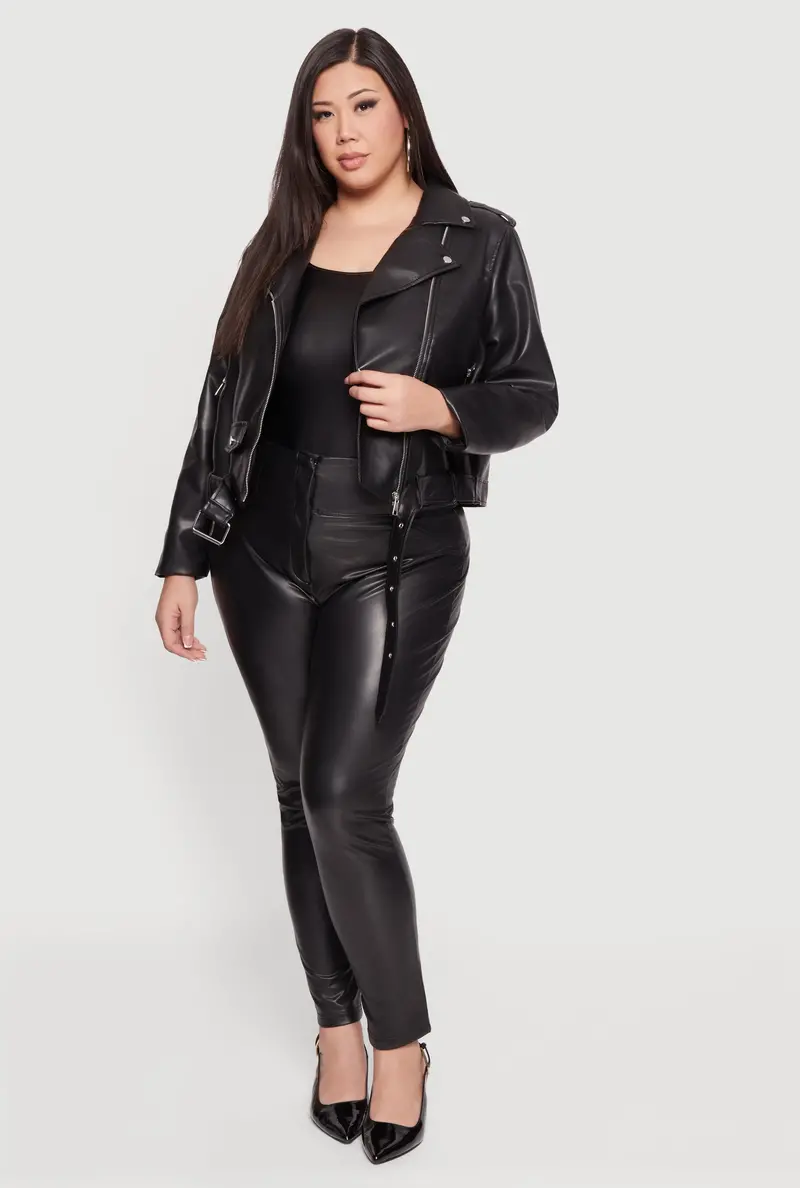 Plus Size Asymmetrical Belted Moto Jacket 1