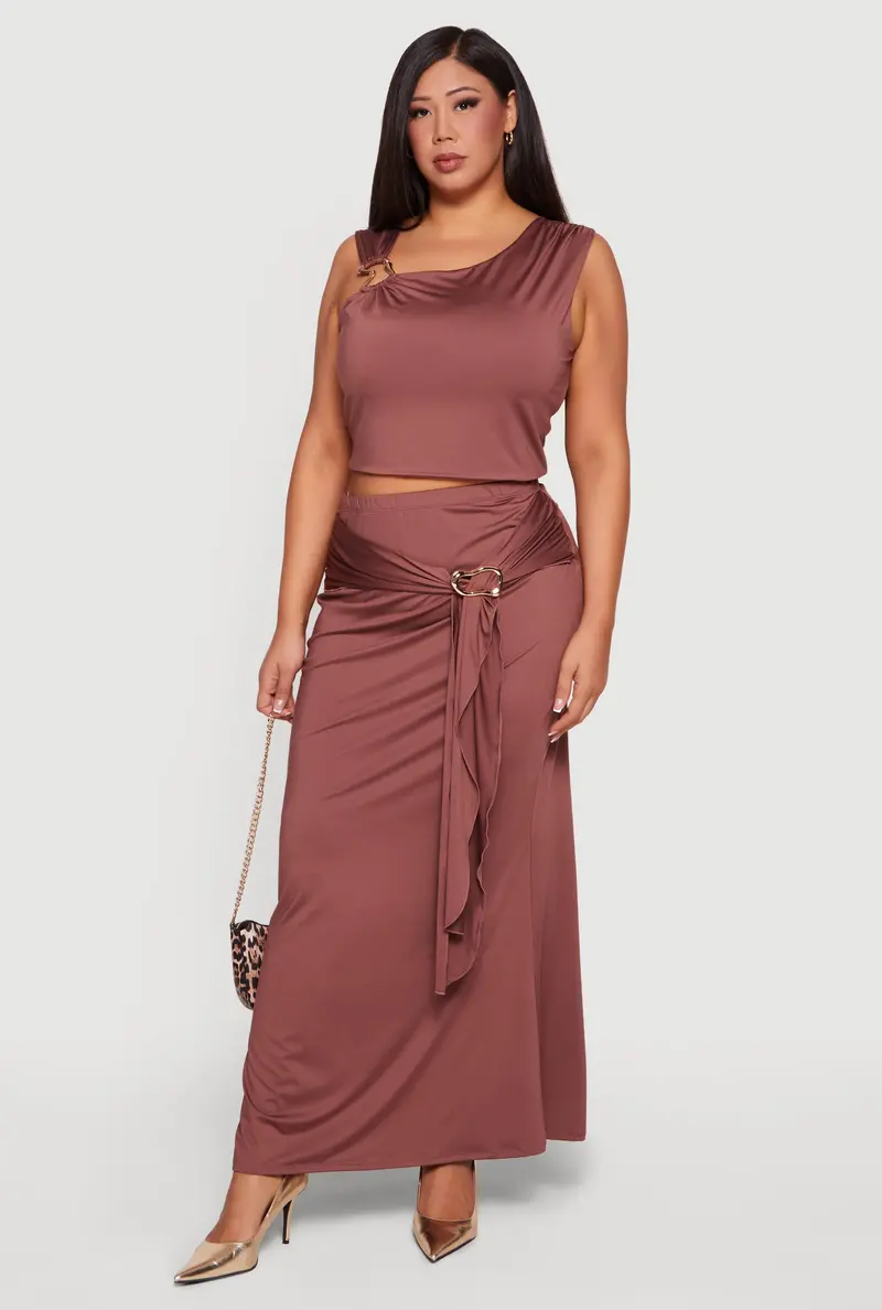 Plus Size Belted Maxi Skirt With Front-Detail Draping 1
