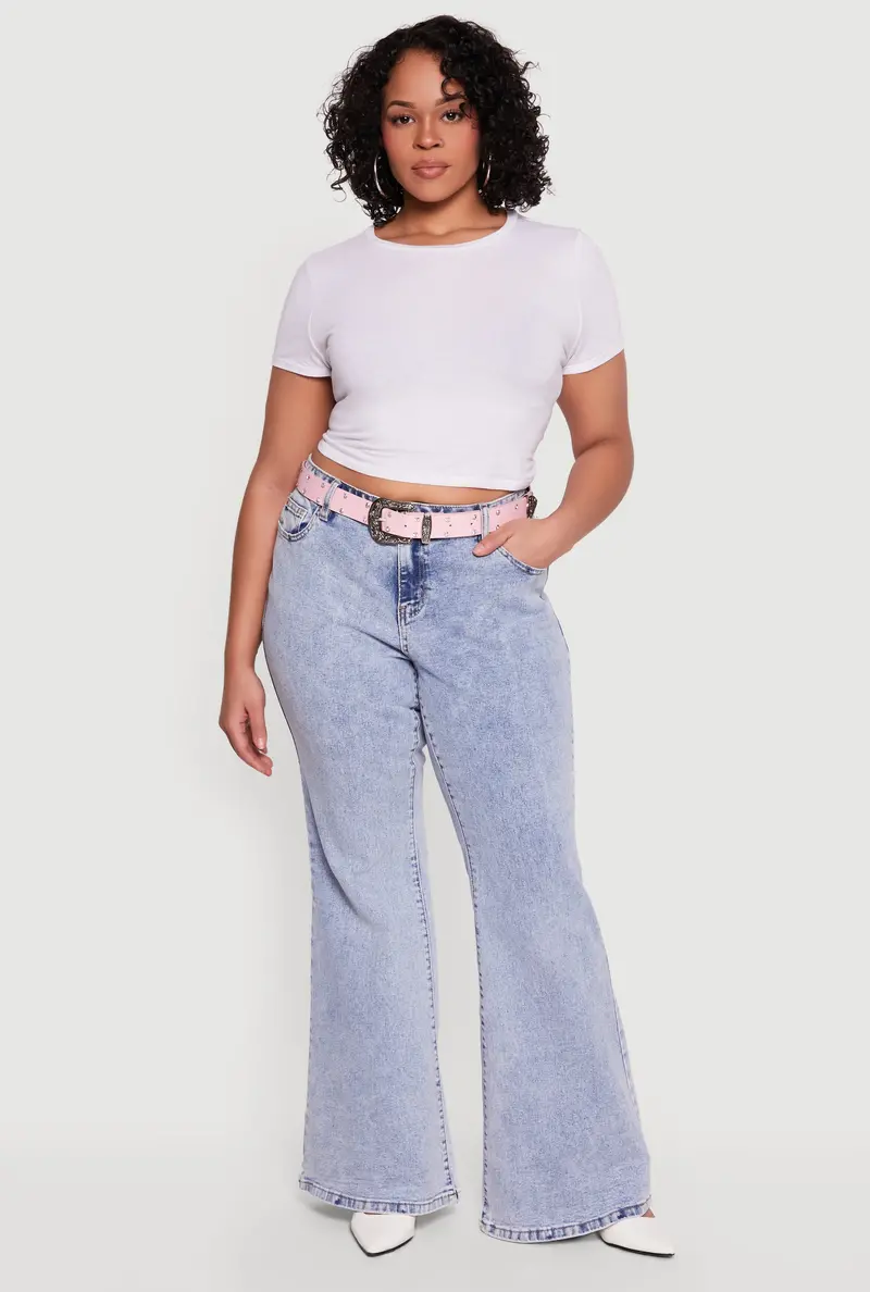 Plus Size Belted Western Flare-Leg Jeans – High Waist 1