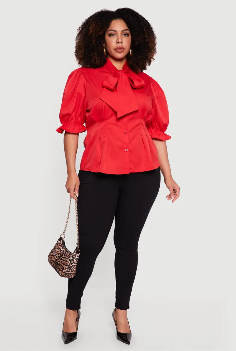 Plus Size Blouse With Puff Sleeves & Bow-Tie Neckline 1