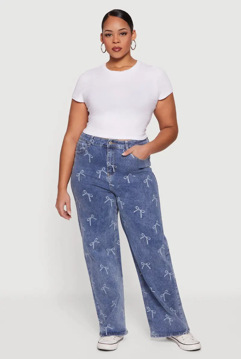 Plus Size Bow-Print High-Waisted Jeans 1