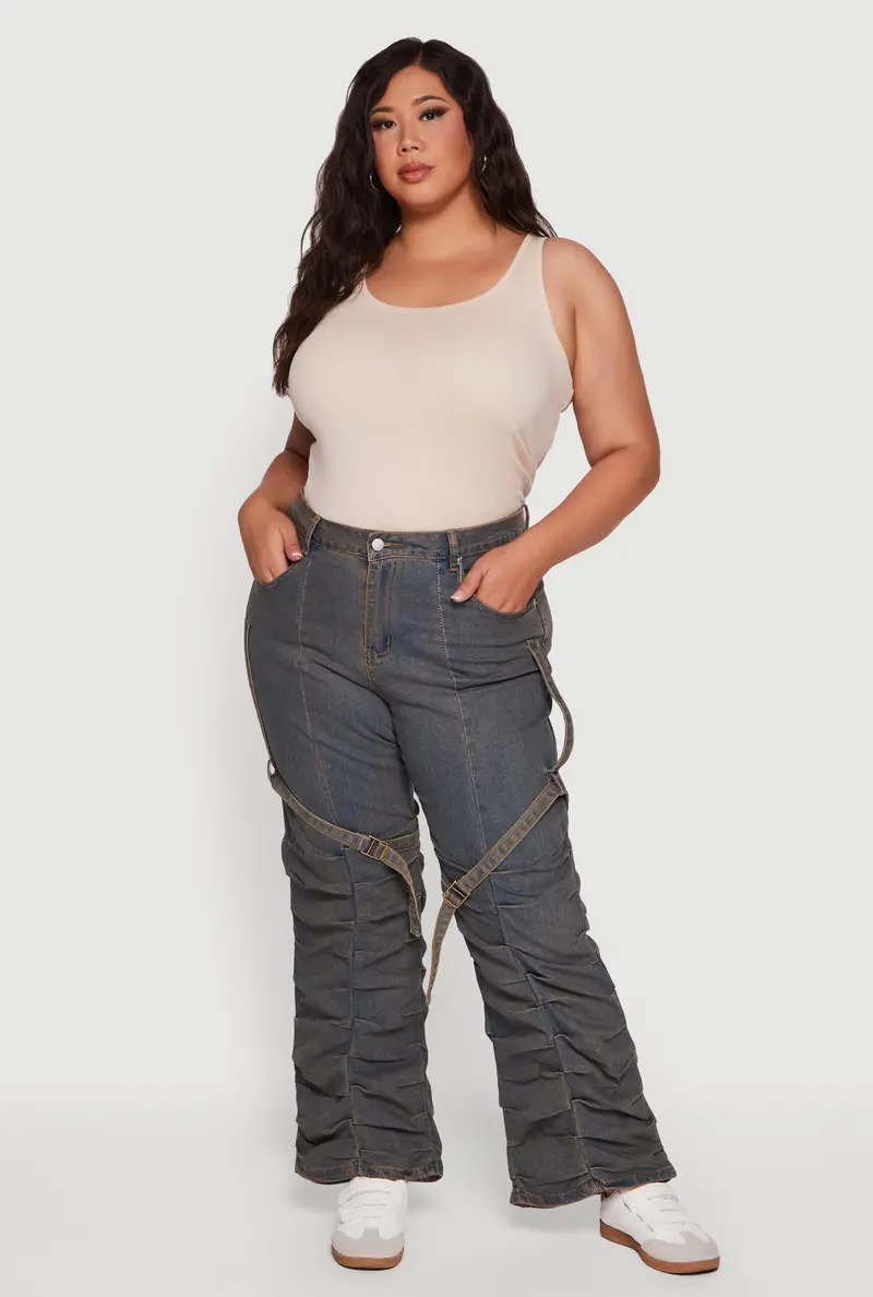 Plus Size Buckle-Adorned High-Waisted Stacked Wide-Leg Jeans 1