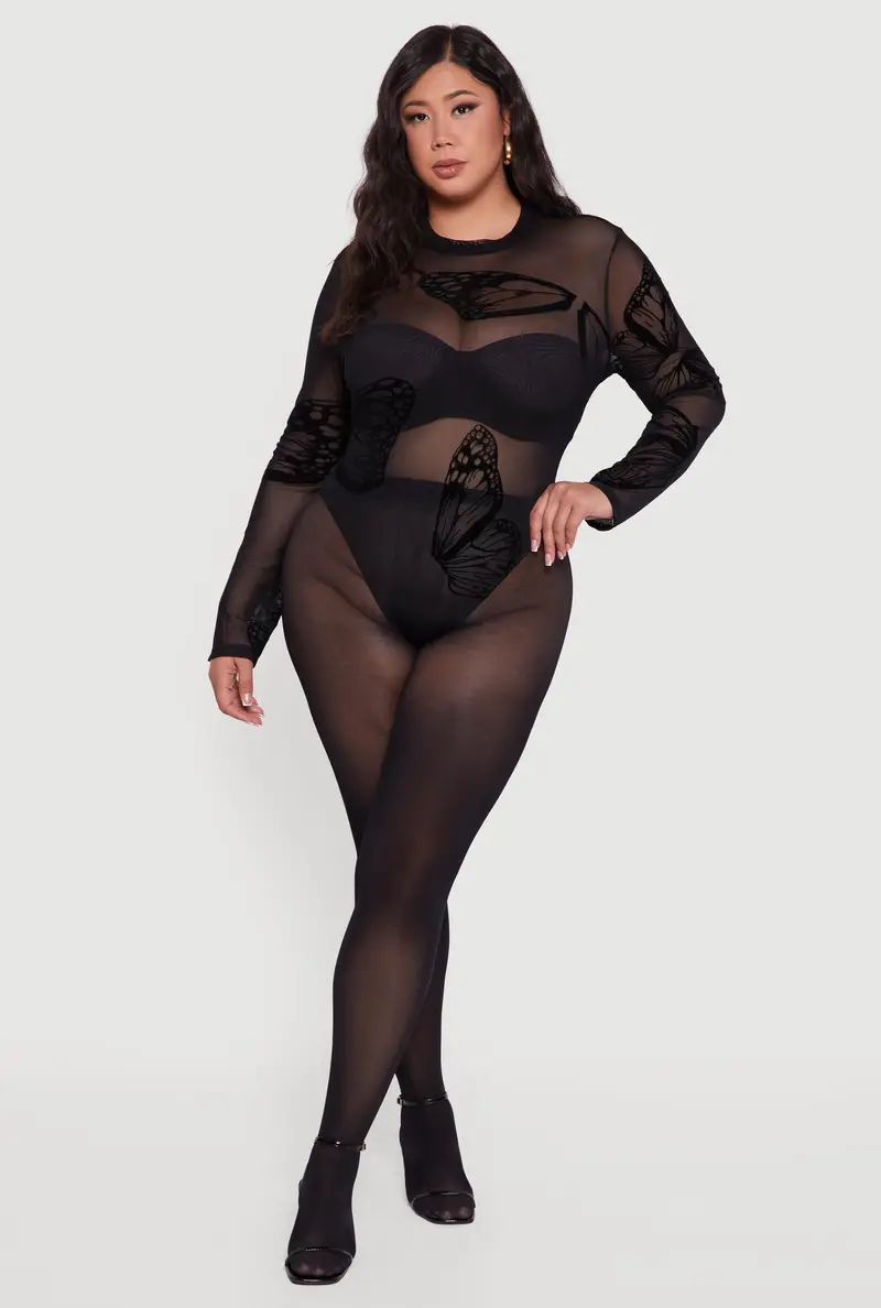 Plus Size Butterfly Print Velvet Burnout Bodysuit 1