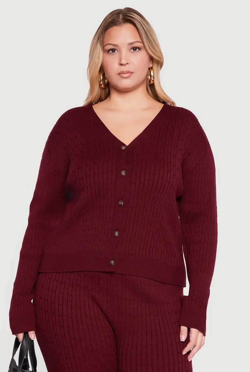 Plus Size Button-Front Cable Knit Cardigan 1