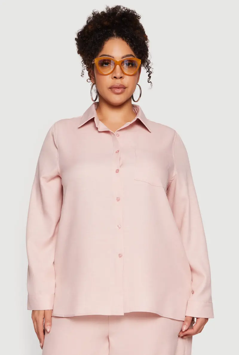 Plus Size Button-Front Collared Shirt – Long Sleeve Classic 1