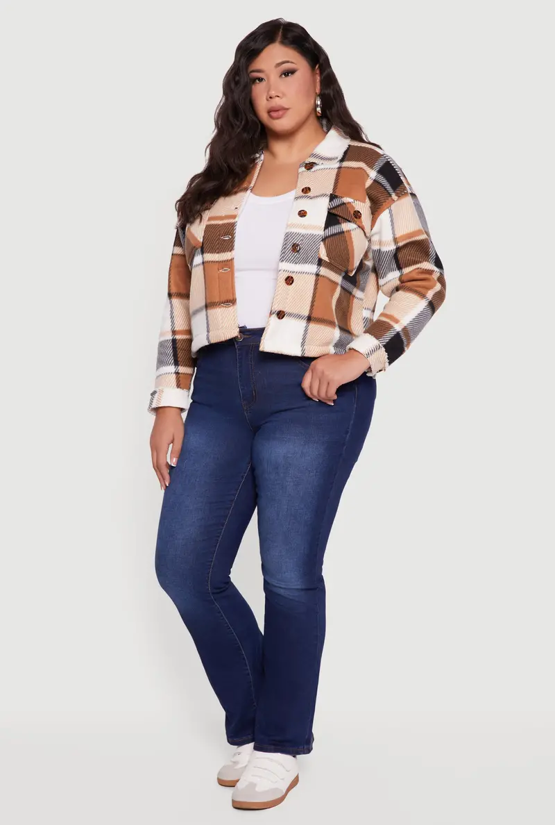 Plus Size Button-Front Shacket With Sherpa Lining 1